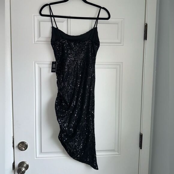 NWT new Express Sequin Cowl Neck Slip Dress size XXS black midi asymmetrical - Picture 4 of 7